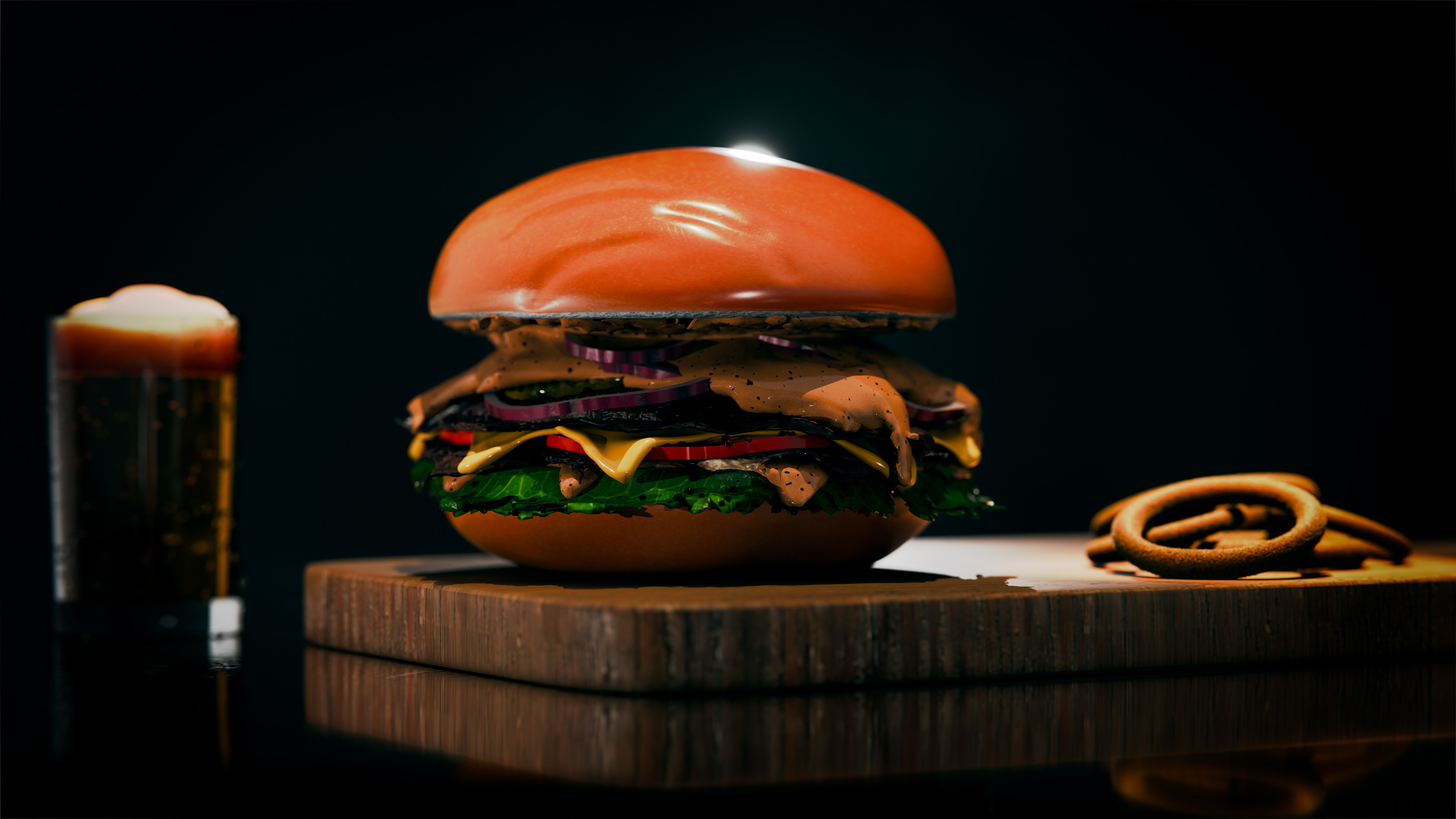 Bodegón 3D de una hamburguesa — animación y contenido audiovisual